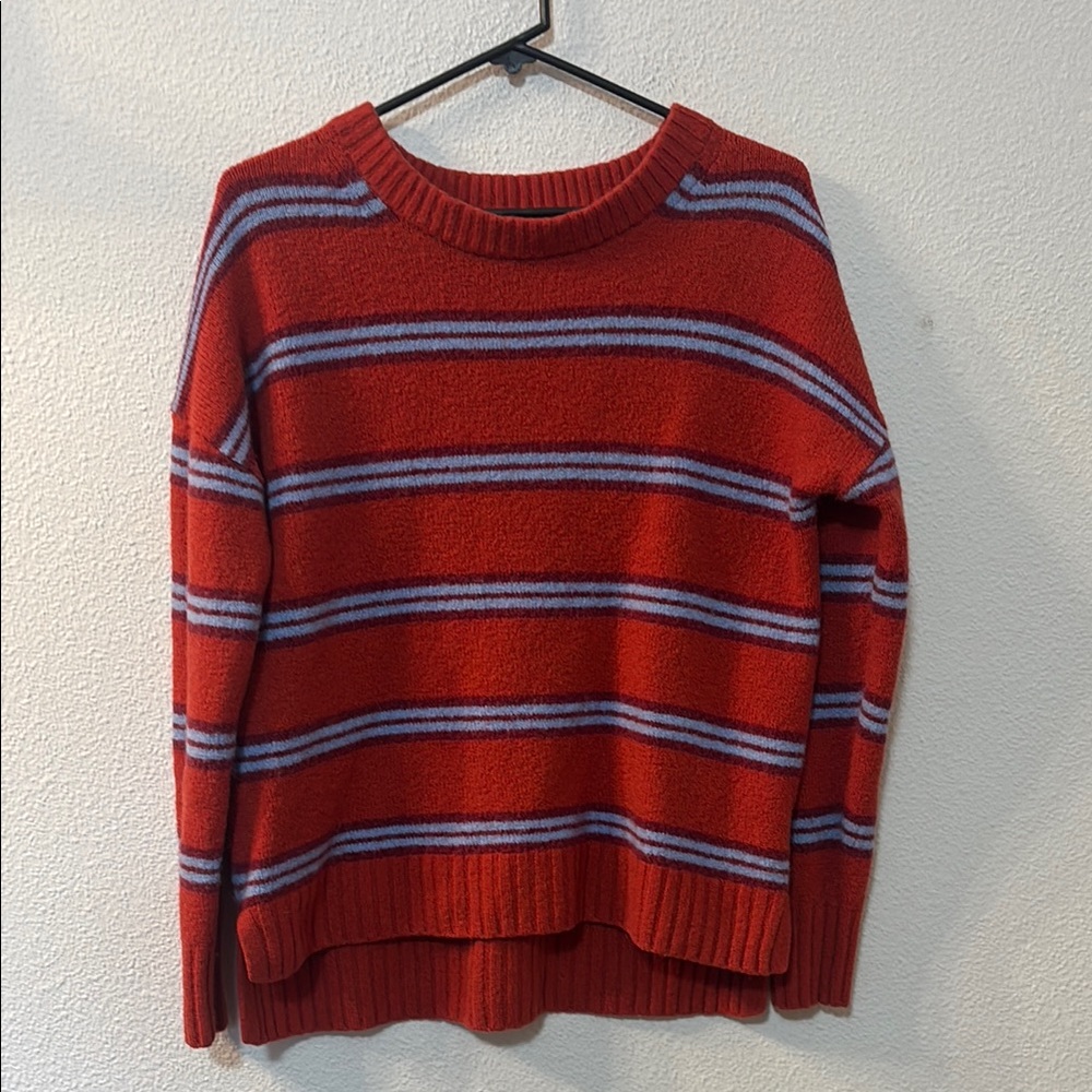 J. Crew Orange and Light Blue Striped Crew Neck Sweater